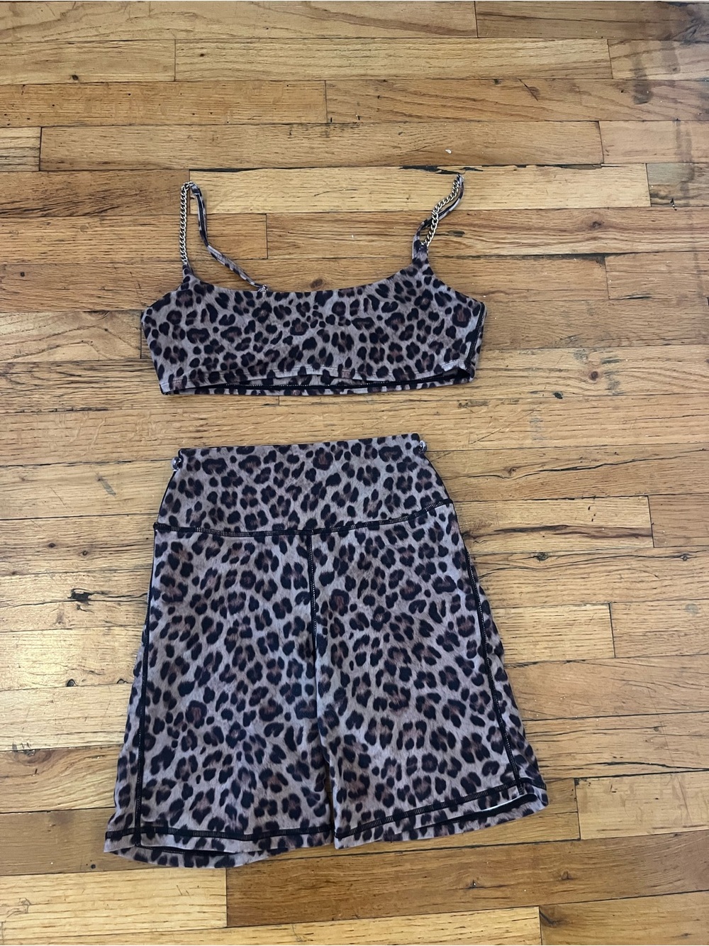 WeWoreWhat Leopard Print Bralette & Biker Shorts Set - Brown/Black